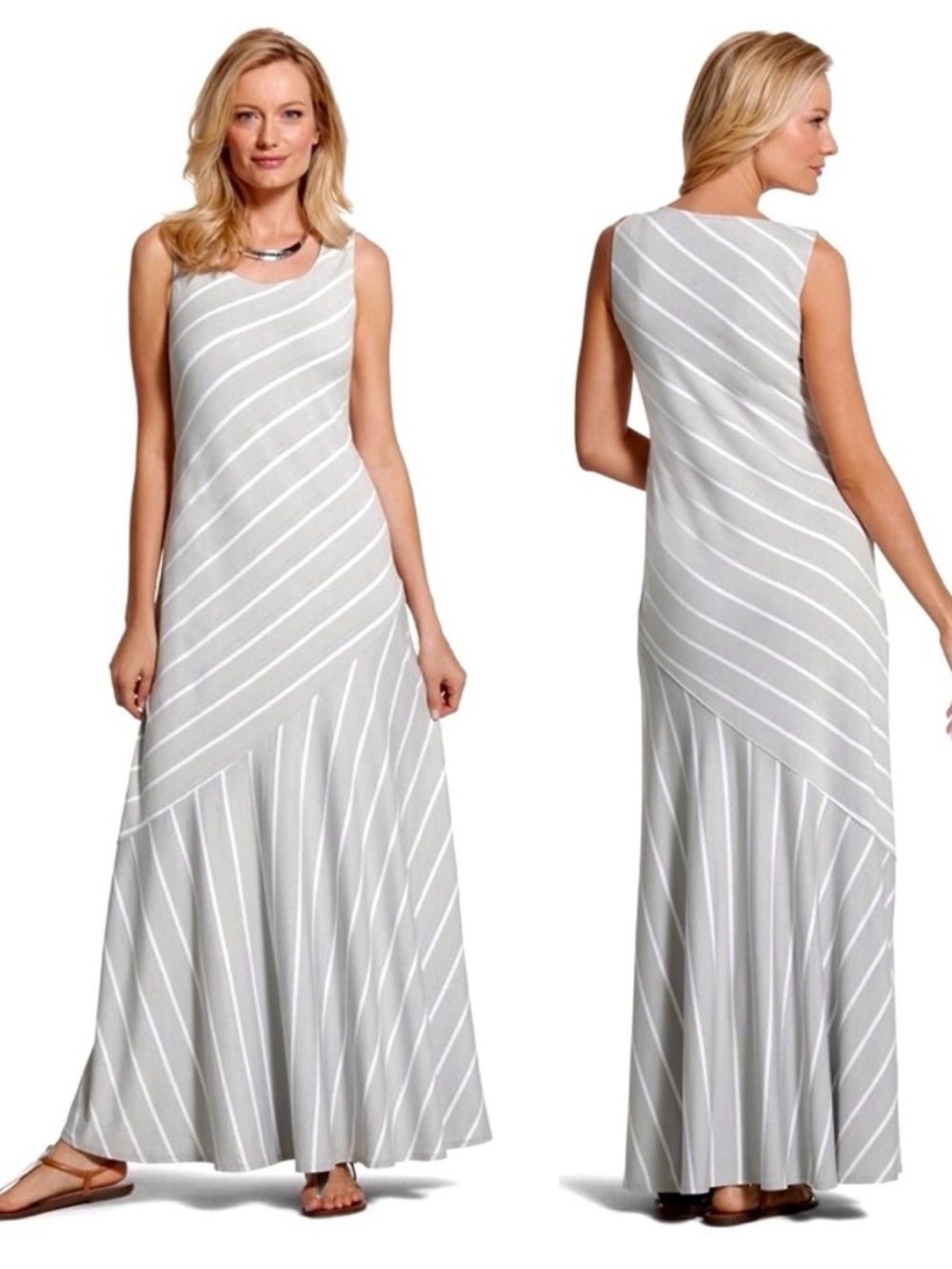Chico’s Metallic Stripe Maxi Dress Women’s Size XL Stretch Jersey Knit Bias Cut